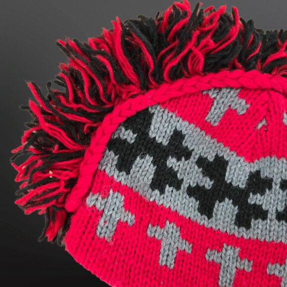 Wool Mohawk Ear Flap Hat Skulls Crosses Red Punk Grunge Adult Size Made In Nepal - Picture 3 of 6